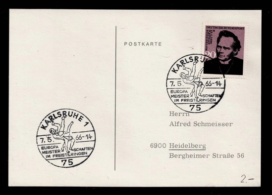 Almanya 1975 Karlsruhe – Avrupa Serbest Güreş Şampiyonası Anma Kartpostalı