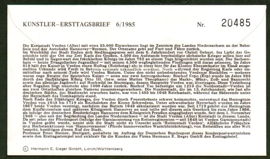 Almanya 1985 Verden 1000. Yıl FDC