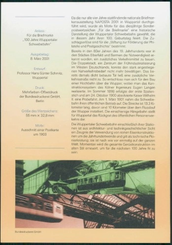 Almanya ETB, Ersttagsblatt 11/2001 –150 Jahre Eisenbahn im Rheinland” (Renanya’da Demiryolunun 150. yılı