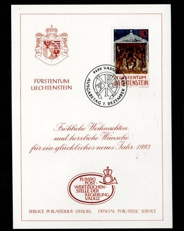 1993 Vaduz – Liechtenstein Noel Özel Damgalı Kart Pullu