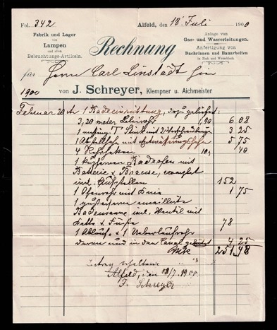 1900 Alfeld – J. Schreyer Tesisat ve Aydınlatma Faturası