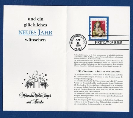 1998 ABD Madonna & Çocuk Noel Pulu – Hermann Walter Ziegler Yeni Yıl Kartı Koleksiyonluk