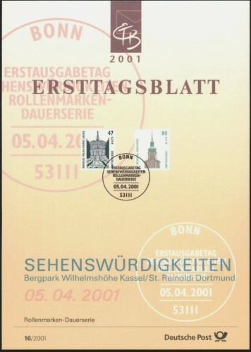 Almanya ETB, Ersttagsblatt 16/2001 – Sehenswürdigkeiten: Bergpark Wilhelmshöhe & St. Reinoldi Dortmund