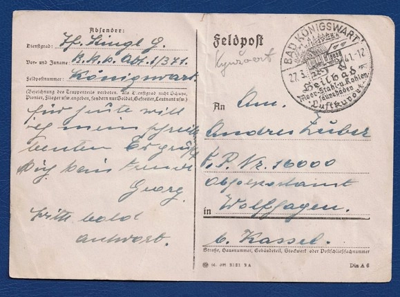 1944 Alman Feldpost Kartı – Bad Königswart Damgalı Askerî Posta Koleksiyonluk