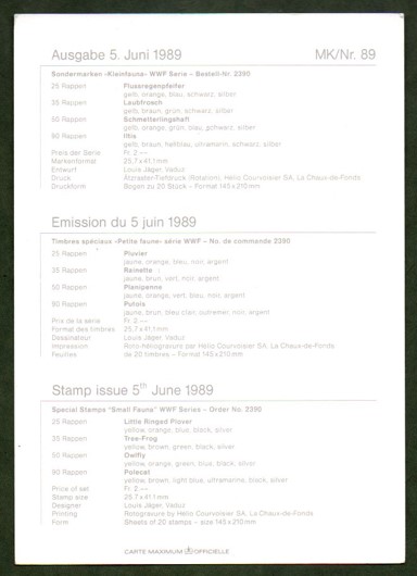 Liechtenstein 1989 Fauna, Maximum Kart