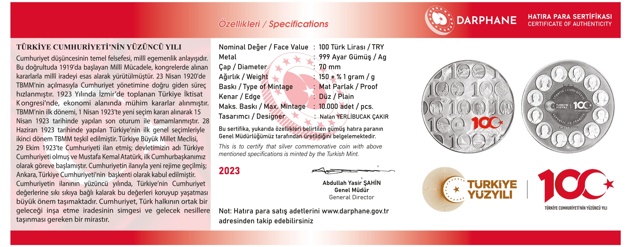 Türkiye Cumhuriyeti’nin 100.Yılı Gümüş Hatıra Parası
