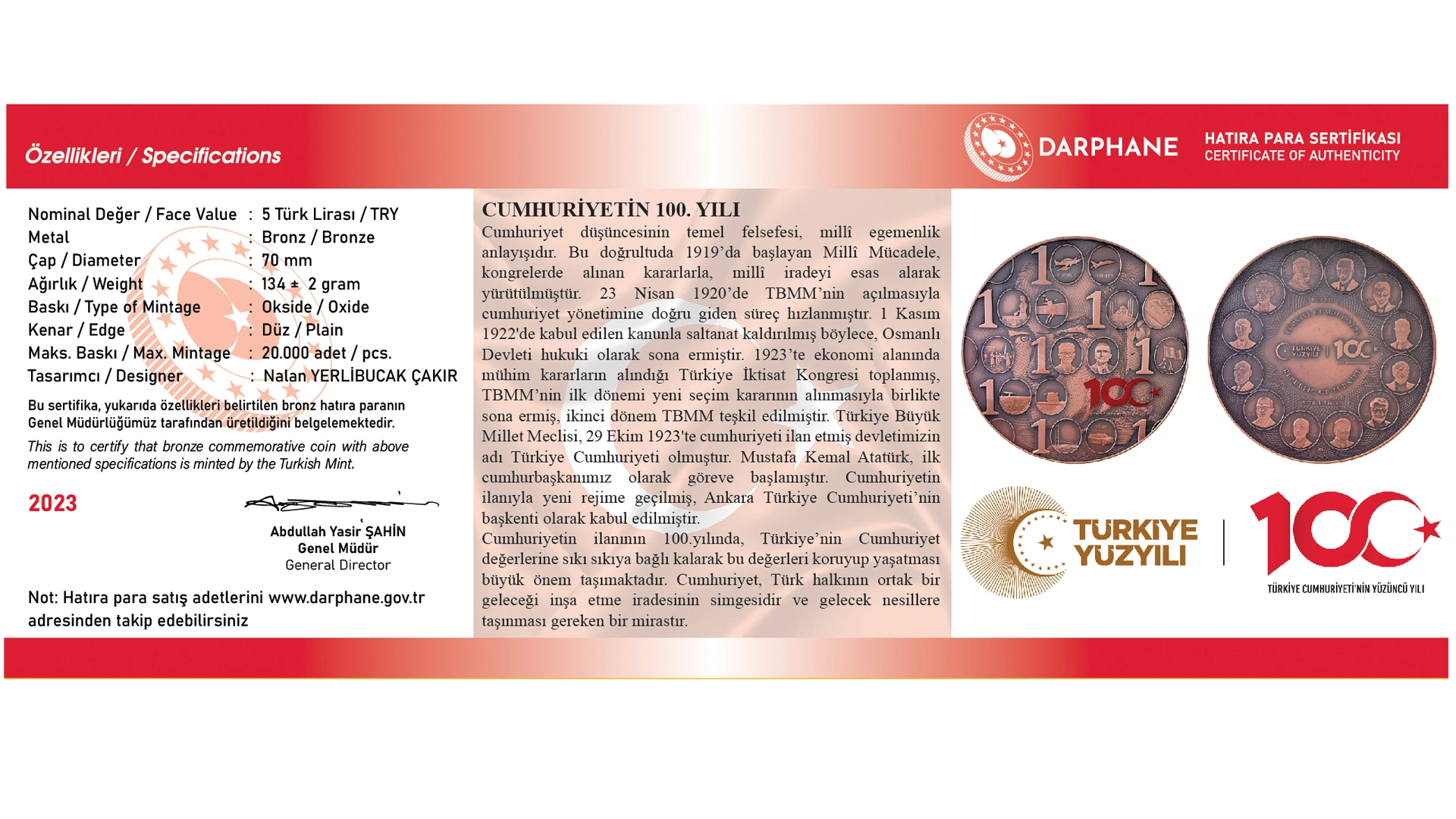 Türkiye Cumhuriyeti’nin 100.Yılı Bronz Hatıra Parası