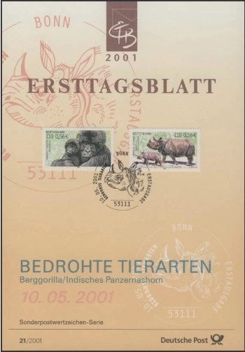 Almanya ETB, Ersttagsblatt 21/2001 – Bedrohte Tierarten: Berggorilla & Indisches Panzernashorn