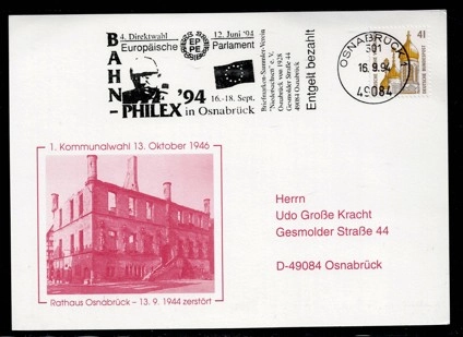1994 Almanya – BAHN-PHILEX ’94 Osnabrück Anma Zarfı (Rathaus 1944 Yıkımı ve 1946 Seçimleri)