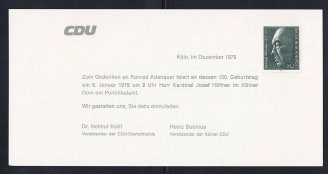 Konrad Adenauer 100. Doğum Günü CDU Davetiyesi – Köln Katedrali 1976, Sınırlı Sayıda Nadirdir