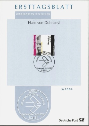  Almanya ETB 3/2002 – Hans von Dohnanyi’nin 100. Doğum Yılına özel İlk Gün Zarfı (Ersttagsblatt).