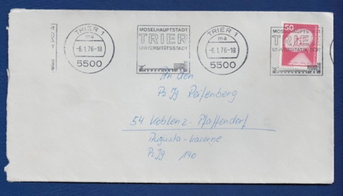 1976 Trier’den Koblenz-Pfaffendorf’a Gönderilen Zarf – 50 Pfennig Pul ve Askeri Adresli Koleksiyonluk