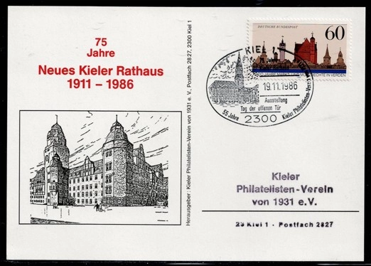 1986 Kiel Neues Rathaus, Almanya Kiel Belediye Binası 75. Yıl Anma Kartpostalı