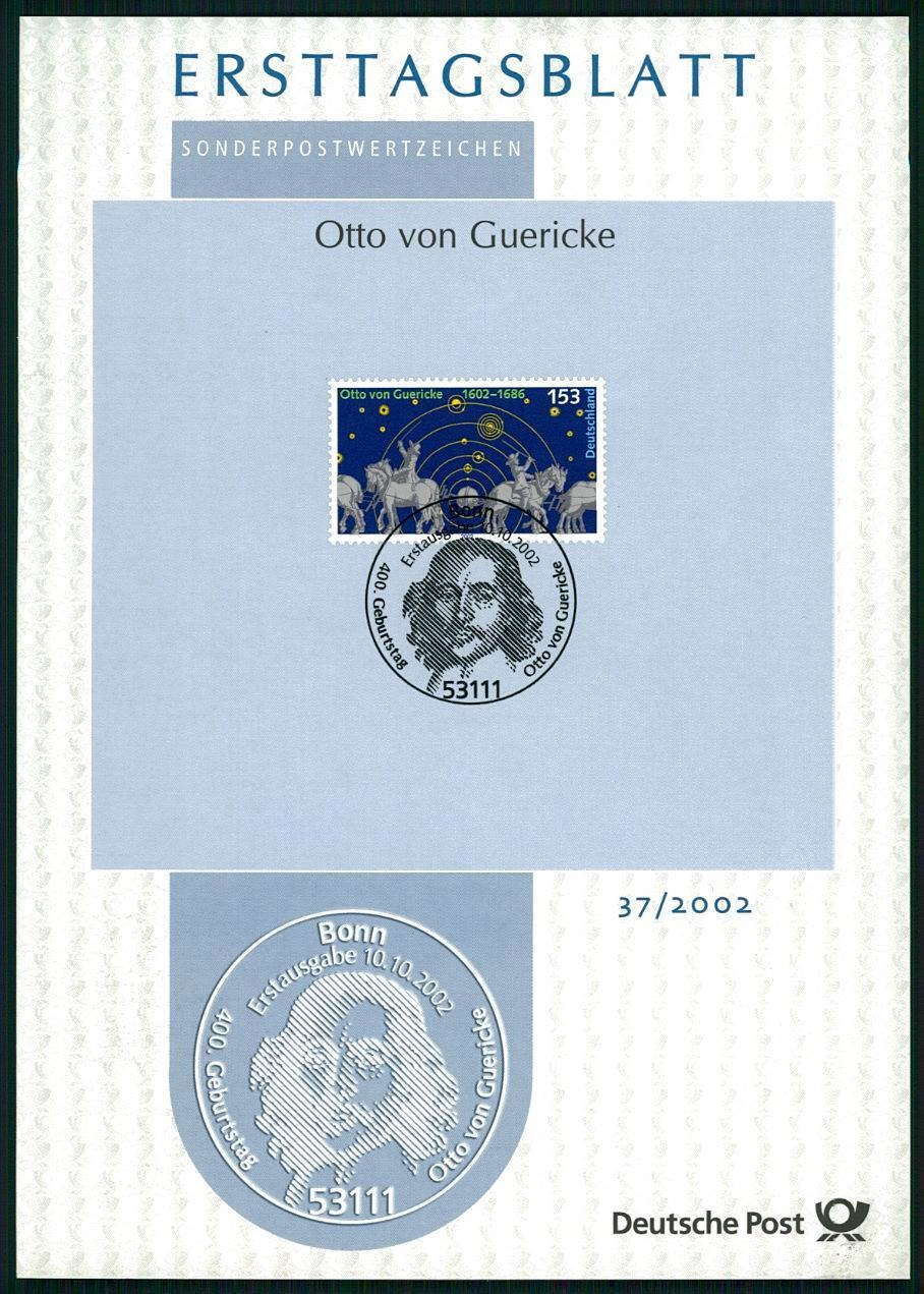 ALMANYA ERSTTAGSBLATT ETB 2002/37 FİZİKÇİ OTTO VON GUERICKE BAROMETRESİ