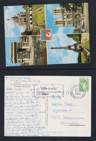 1980 Paris Kartpostalı – Eiffel, Notre-Dame, Arc de Triomphe, Sacré-Cœur