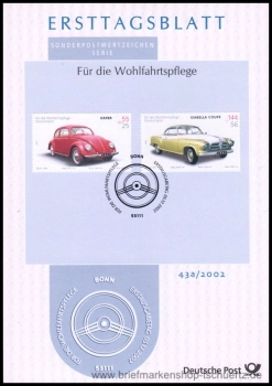 ALMANYA ERSTTAGSBLATT ETB 2002/43a OTOMOBİLLER VW BEETLE ISABELLA COUPE