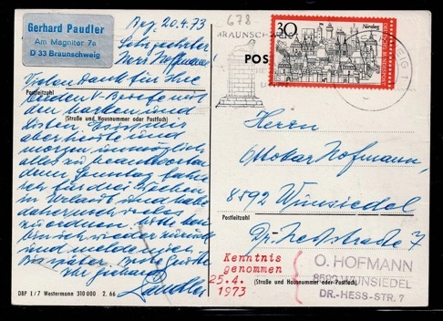 1973 Hannover Kraliyet Postası temalı kartpostal, Postadan geçmiş