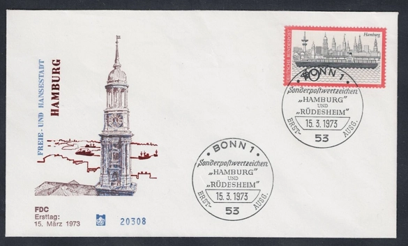 Almanya 1973 Turizm: Hamburg Şehir Merkezi FDC