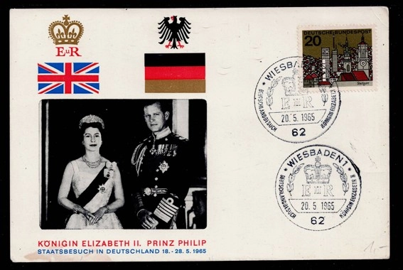 1965 Kraliçe II. Elizabeth ve Prens Philip Almanya Devlet Ziyareti Kartı, özel damgalı