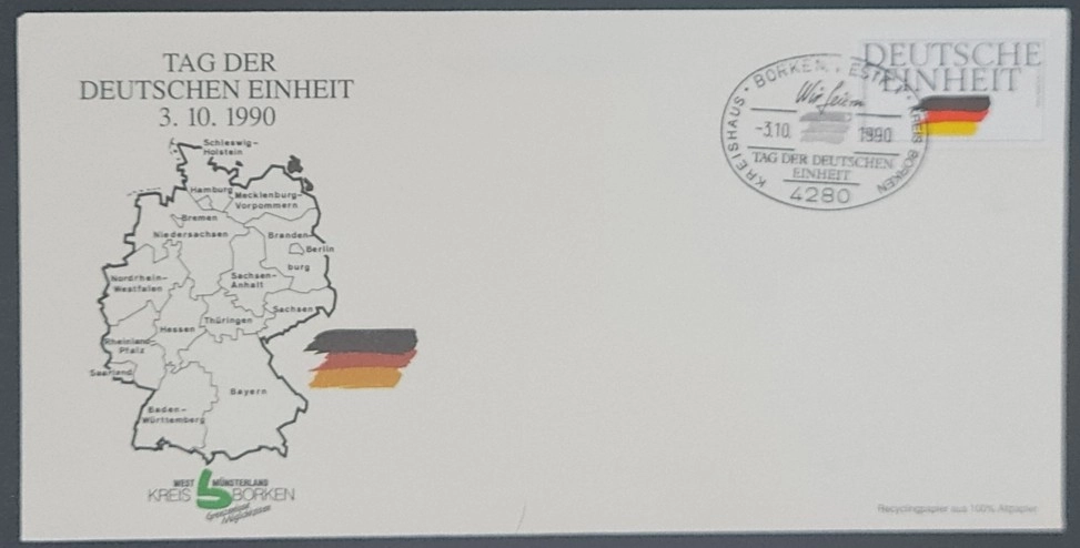 1990 Almanya Birlik Günü – Tag der Deutschen Einheit Anma Zarfı (Kreis Borken Damgalı)