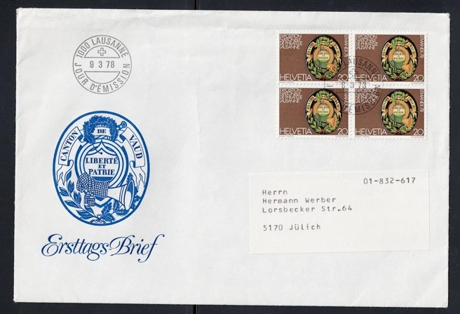 1978 İsviçre FDC – Liberté et Patrie (Lausanne Damgalı, Blok 4 Pul)
