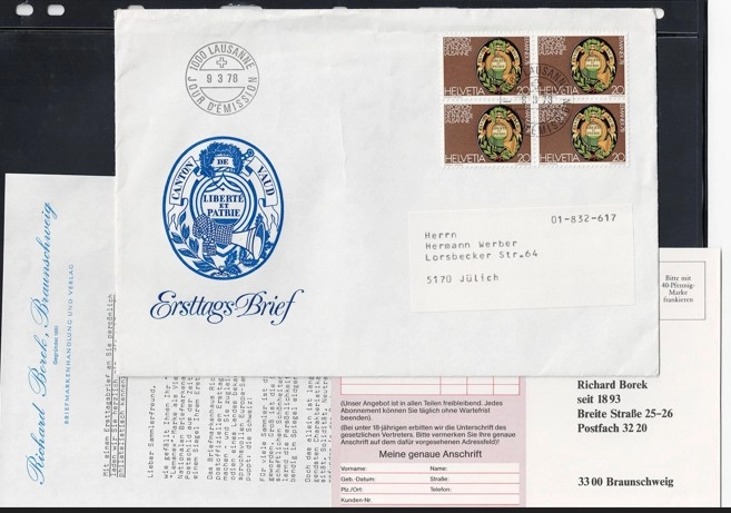 1978 İsviçre FDC – Liberté et Patrie (Lausanne Damgalı, Blok 4 Pul)