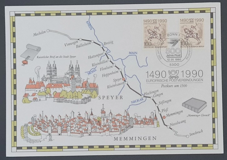 1990 Almanya 500 Jahre Europäische Postverbindungen – Speyer & Memmingen Anma Zarfı (Bonn Damgalı)
