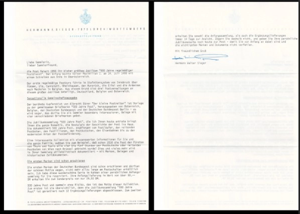1990 Almanya 500 Jahre Post – Hermann E. Sieger Anma Zarfı, Broşür 
