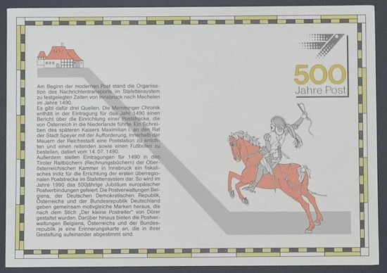 1990 Almanya 500 Jahre Europäische Postverbindungen – Speyer & Memmingen Anma Zarfı (Bonn Damgalı)