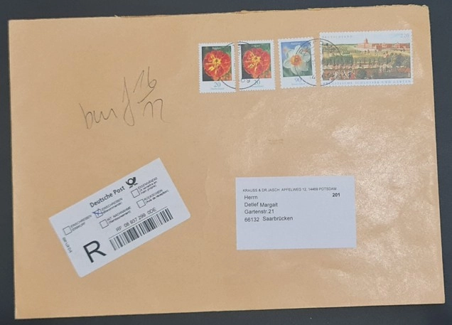 Almanya Taahhütlü Zarf – Çiçek Pulları ve Deutsche Post R Etiketi (1990’lar)