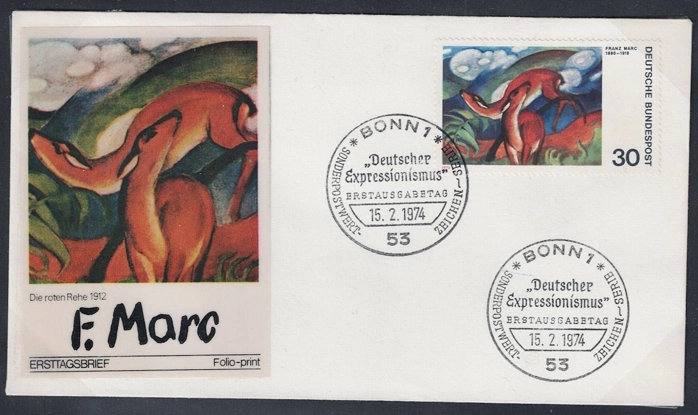 Almanya 1974 Franz Marc’ın Geyik tablosu FDC, Folyo Baskı