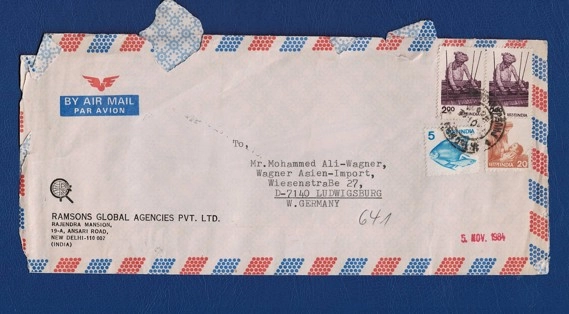 1984 Hindistan’dan Batı Almanya’ya Airmail Zarfı – Ramsons Global Agencies Gönderimi