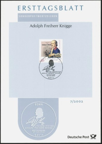 Almanya ETB 7/2002 – Adolph Freiherr Knigge 250. Doğum Yılı Ersttagsblatt