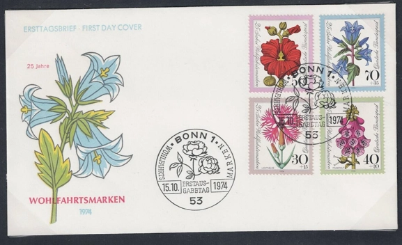 Almanya 1974 25 Yıllık Refah Pulları: Çiçekler FDC