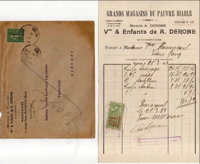 1927 fransız ticari fatura, damga pullu ve zarfı