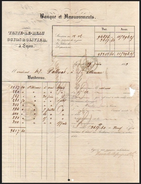 1849 lyon bankacılık belgeleri – teste-le-beau & tissier-fau damgalı efemera