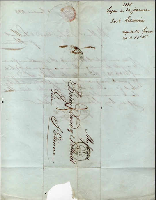 1838 lyon’dan st etienne’e fransız mektubu – posta damgalı efemera