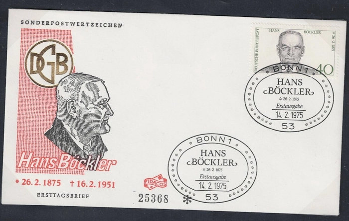 Almanya 1975 Hans Böckler’in 100. doğum günü FDC