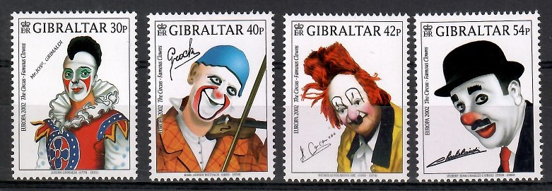 GİBRALTAR 2002 EUROPA Pulları Sirk. Ünlü Palyaçolar