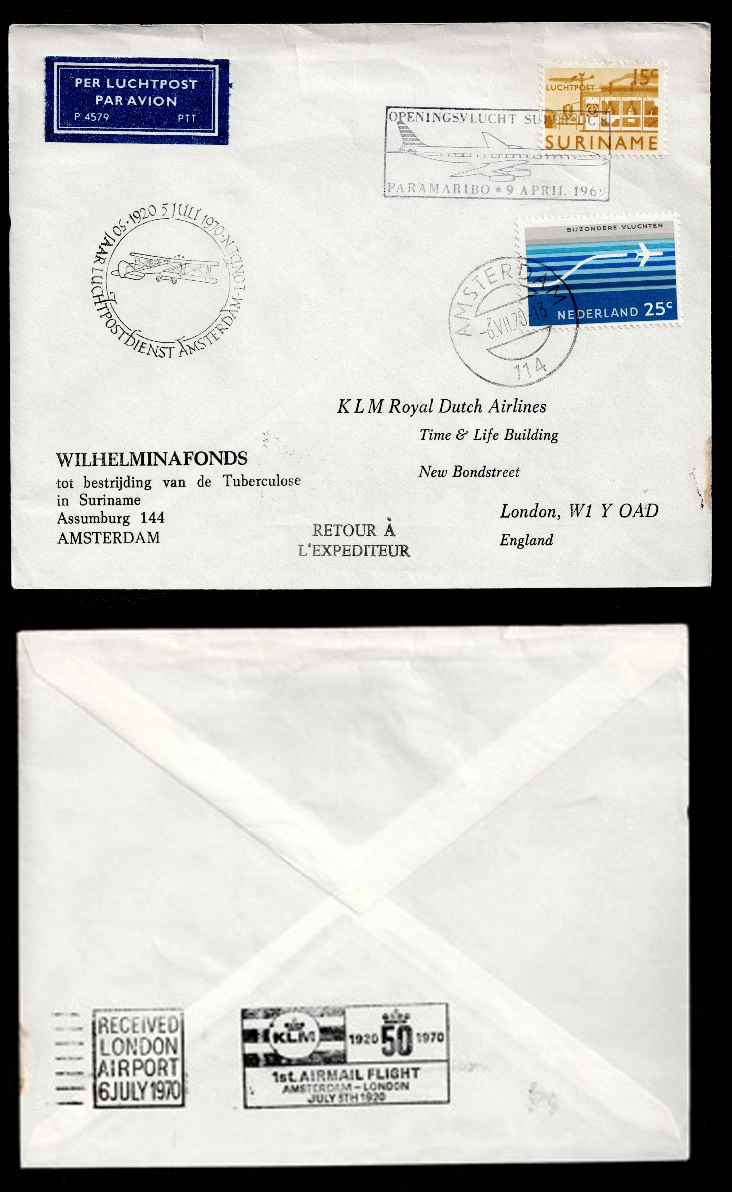 Hollanda KLM Havayolları 50. Yıl Airmail Hatıra Zarfı (Amsterdam – London)