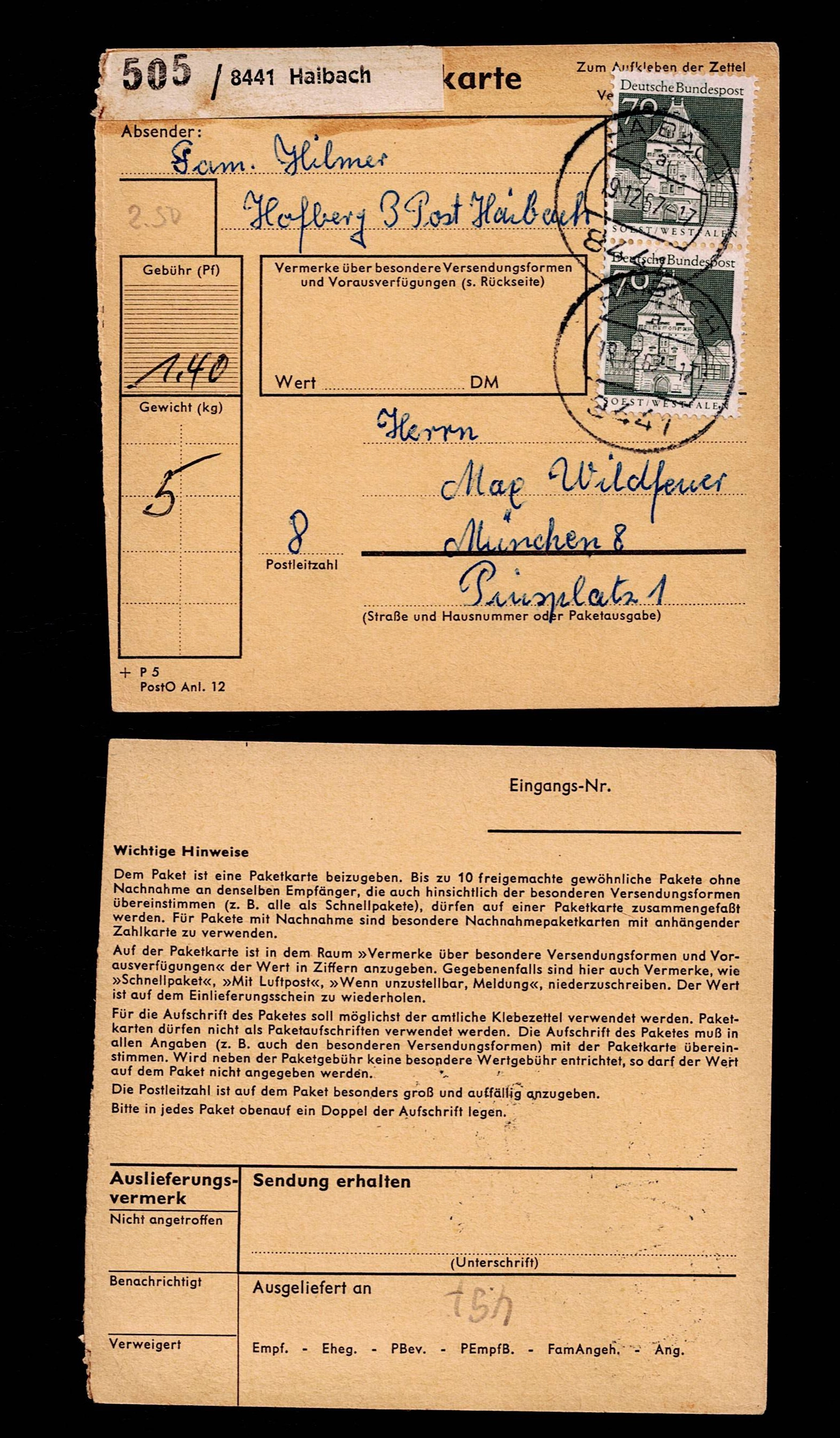 Alman Paketkarte, Paket Kartı (Haibach-Münih, 1970’ler)