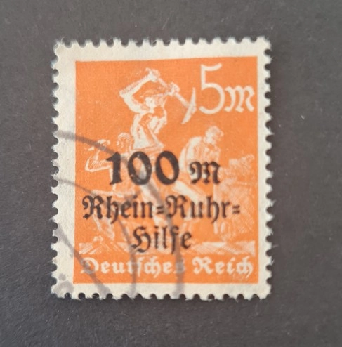 Almanya 1923 Rhein-Ruhr-Hilfe 100m Sürşarjlı Madenci Pulu, Şarniyer izli