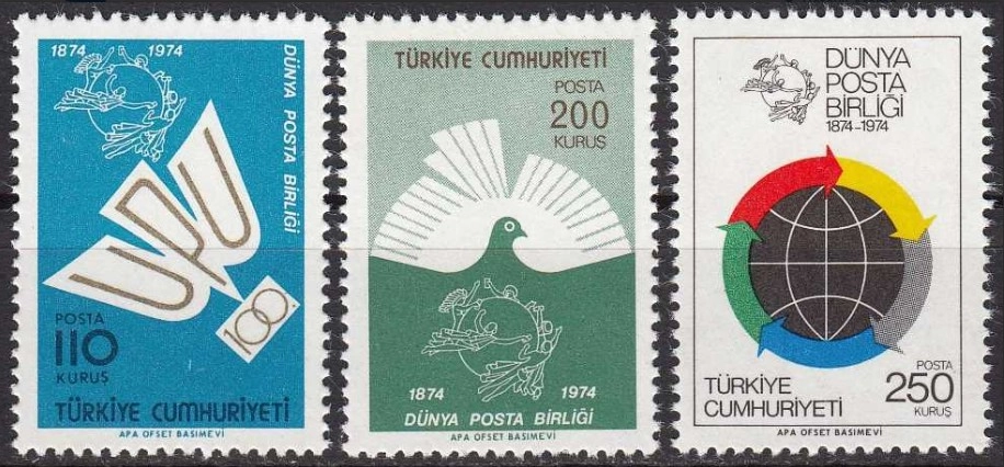 TÜRKİYE 1974 DÜNYA POSTA BİRLİĞİNİN 100. YILI TAM SERİ MNH