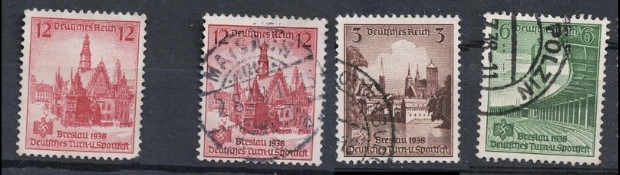 1938 Breslau Spor Festivali pulları: Damgalı ve damgasız Alman Reich pulu. 