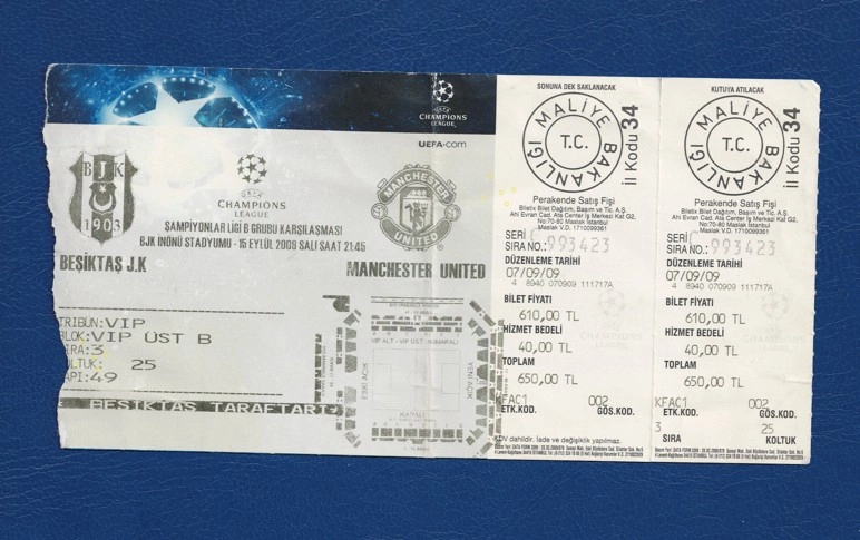 UEFA Şampiyonlar Ligi Kapsamında 15 Eylül 2009 Tarihinde Beşiktaş JK - Manchester United Arasında Oynanan Futbol Maçı Bileti