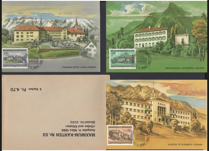 1985 LIECHTENSTEIN MAXIMUM CARD TAM SET, ORİJİNAL ZARFIN İÇİNDE