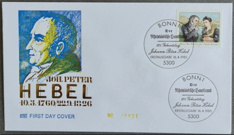 Almanya 1985 Joil Peter Hebel FDC, Bonn