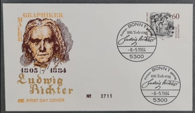 Almanya 1984 Ludwig Richter’in ölüm yıldönümü FDC, Bonn