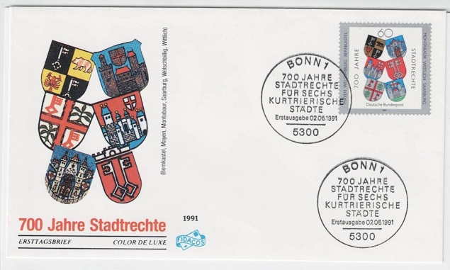 Almanya 1991 Mayen, Welschbillig, Bernkastel, Montabaur, Wittlich ve Saarburg’un 700 yıllık şehir hakları  FDC