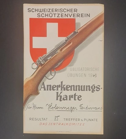 1943 İsviçreli Atıcılar Derneği (Schweizerischer Schützenverein) Atış Sertifikası, 2. Dünya savaşı dönemi.